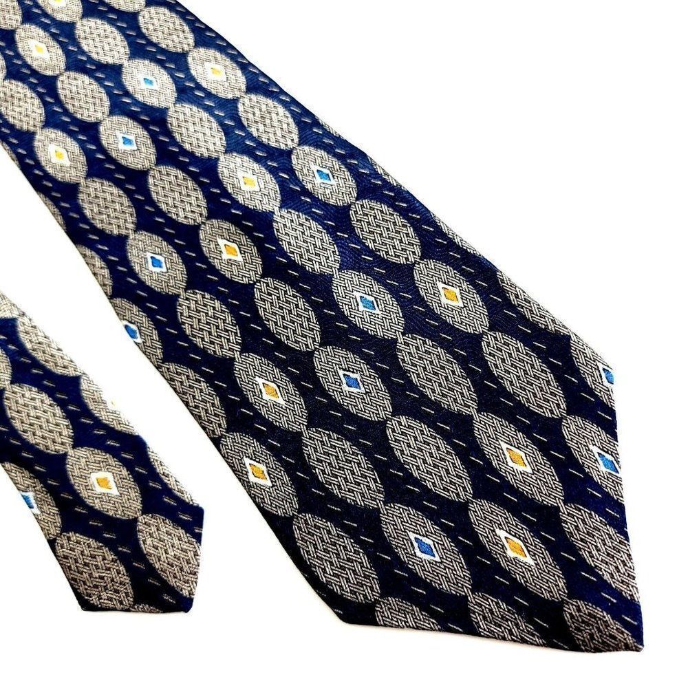 Albert Nipon Blue Beige Tan Geometric Jacquard‎ Print Short Wide Silk Tie